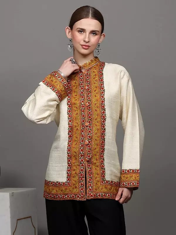 Exotic India Kashmiri Short Jacket With Paisleys Hand Aari Embroidery On Border 