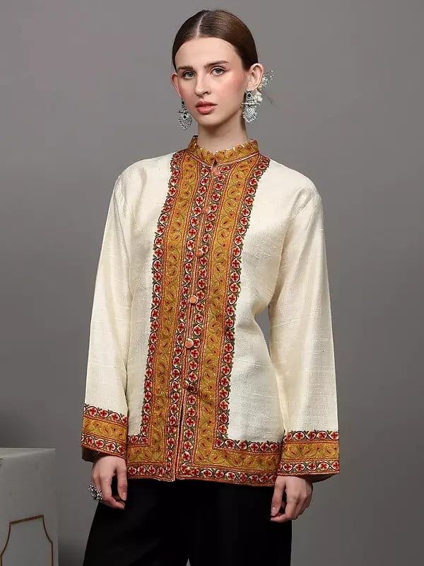 Exotic India Kashmiri Short Jacket With Paisleys Hand Aari Embroidery On Border 