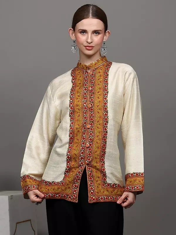 Exotic India Kashmiri Short Jacket With Paisleys Hand Aari Embroidery On Border 