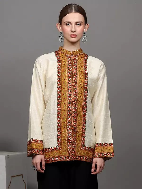 exotic india Kashmiri Short Jacket with Paisleys Hand Aari Embroidery on Border 