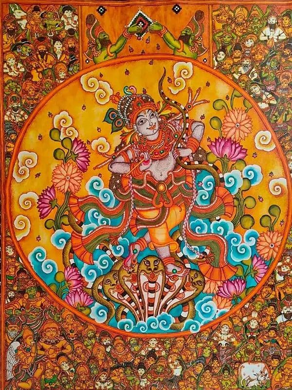 Exotic India Kerala Mural Painting Of Kaliya Mardana Lord Krishna | Acrylic On Canvas 