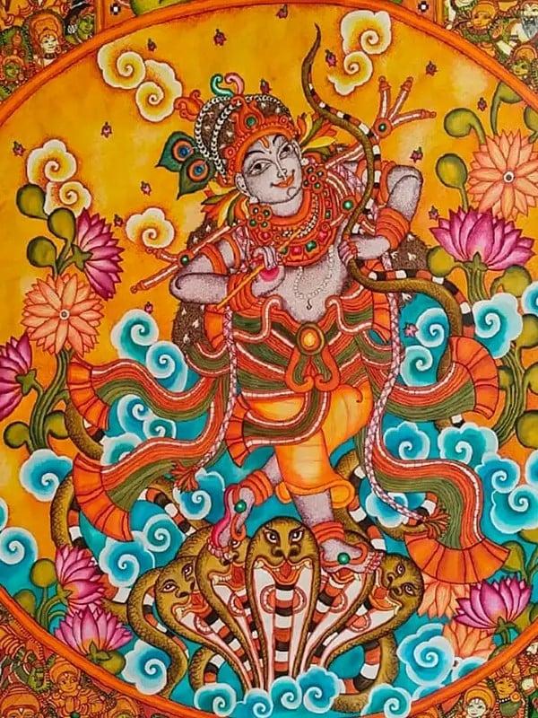 Exotic India Kerala Mural Painting Of Kaliya Mardana Lord Krishna | Acrylic On Canvas 