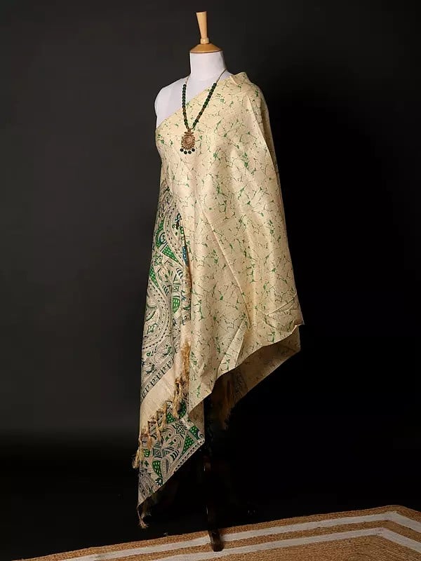 Exotic India Khadi Beige Dupatta With Madhubani Art From Bihar 