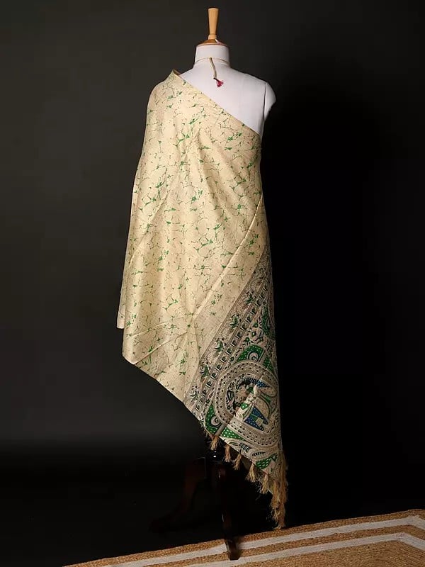Exotic India Khadi Beige Dupatta With Madhubani Art From Bihar 