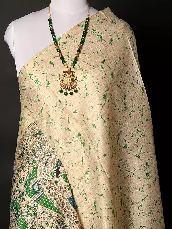 Exotic India Khadi Beige Dupatta With Madhubani Art From Bihar 