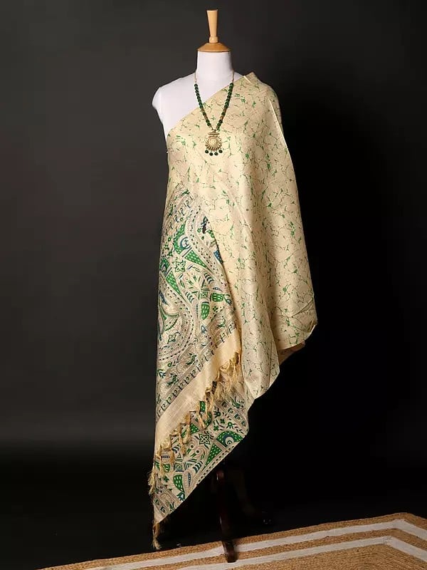 exotic india Khadi Beige Dupatta with Madhubani Art from Bihar 