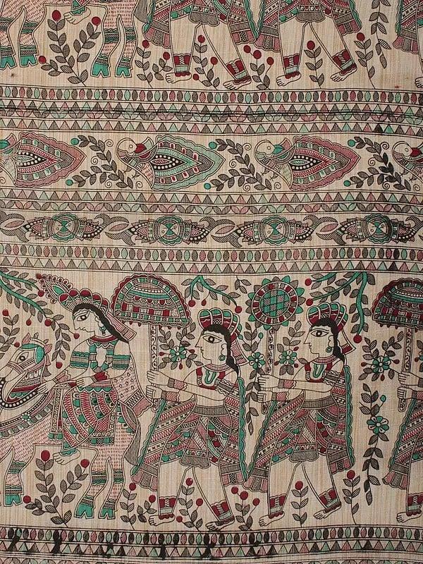 Exotic India Khadi Cotton Fabric With Printed Madhubani Procession