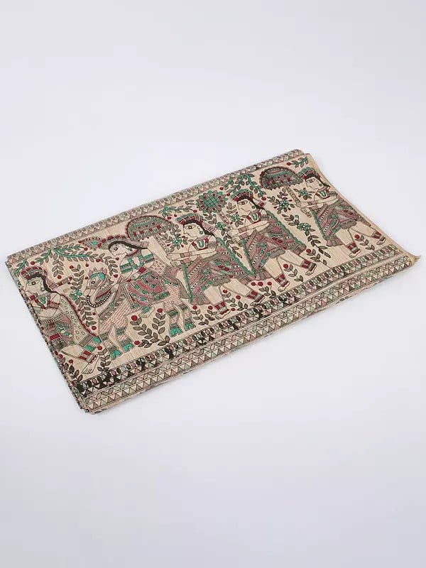exotic india Khadi Cotton Fabric with Printed Madhubani Procession