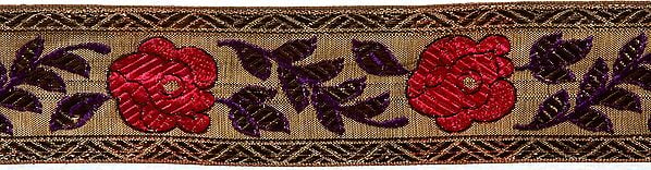 exotic india Khaki Fabric Border with Crewel Embroidered Flowers and leaves 