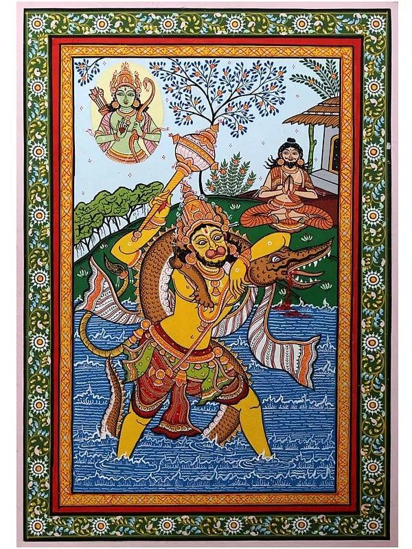 exotic india Killing of Dhyanamalini by Lord Hanuman | Pattachitra Painting from Odisha 