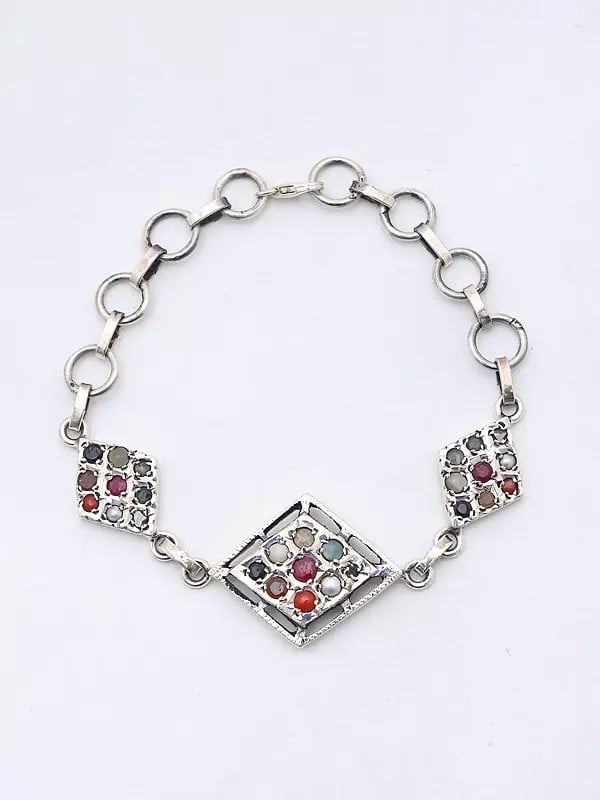Exotic India Kite Shape Sterling Silver Bracelet With Navaratna 