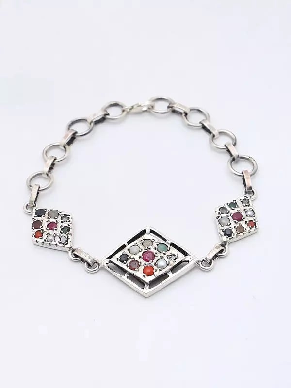 Exotic India Kite Shape Sterling Silver Bracelet With Navaratna 