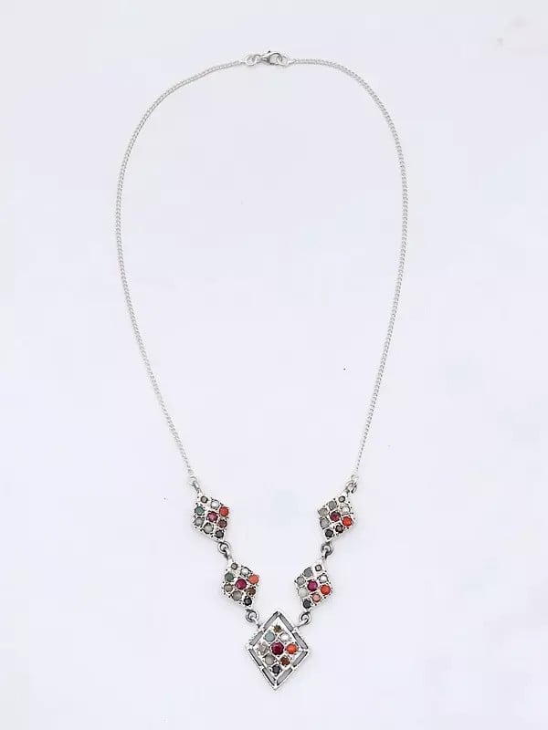Exotic India Kite Shape Sterling Silver Navaratna Necklace 