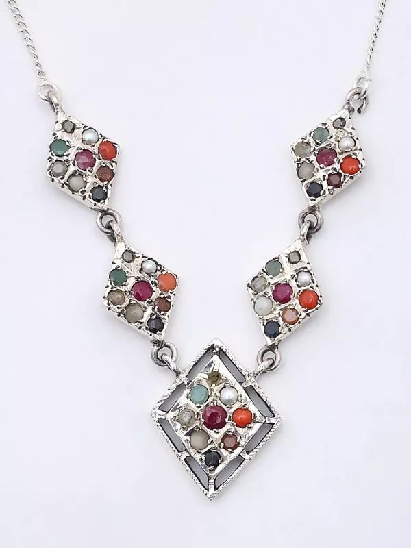 Exotic India Kite Shape Sterling Silver Navaratna Necklace 