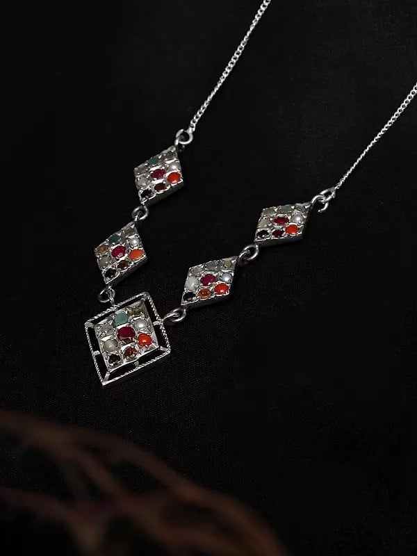 exotic india Kite Shape Sterling Silver Navaratna Necklace 