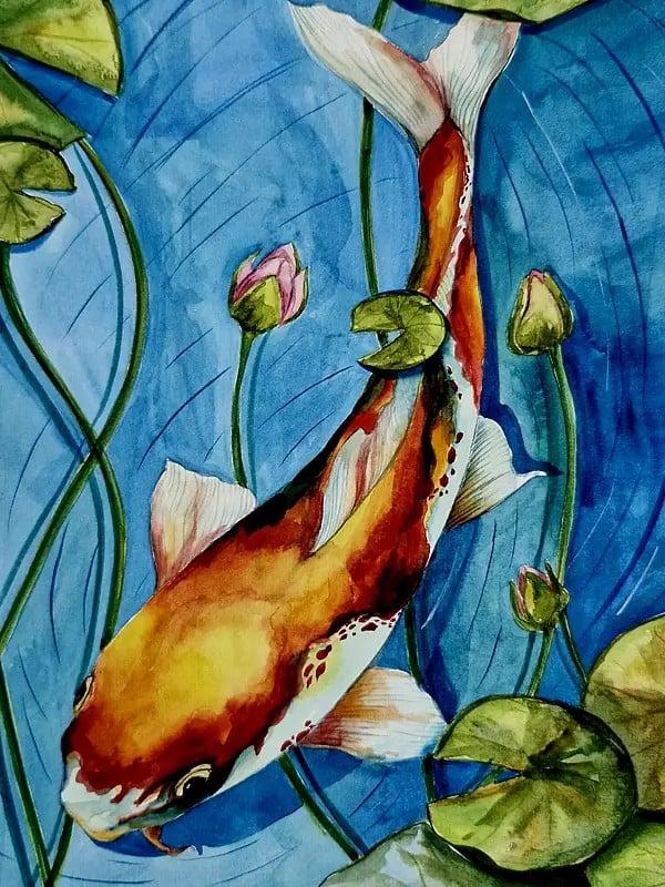 Exotic India Koi Fish In Lotus Pond | Watercolor On 300Gsm | By Megha Chakraborty 