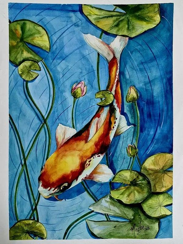 exotic india Koi Fish In Lotus Pond | Watercolor On 300Gsm | By Megha Chakraborty 
