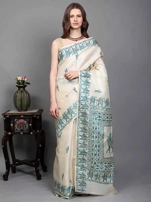 Exotic India Kosa Tussar Silk Saree With Hand Block Printed Tribal Drummer Figures From Bengal 