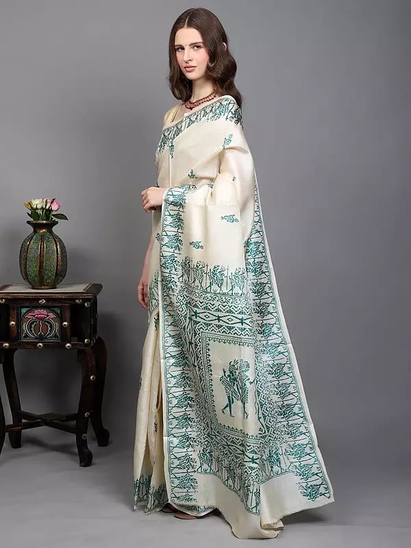 Exotic India Kosa Tussar Silk Saree With Hand Block Printed Tribal Drummer Figures From Bengal 