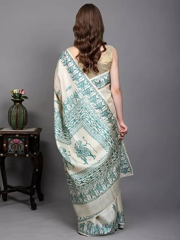 Exotic India Kosa Tussar Silk Saree With Hand Block Printed Tribal Drummer Figures From Bengal 