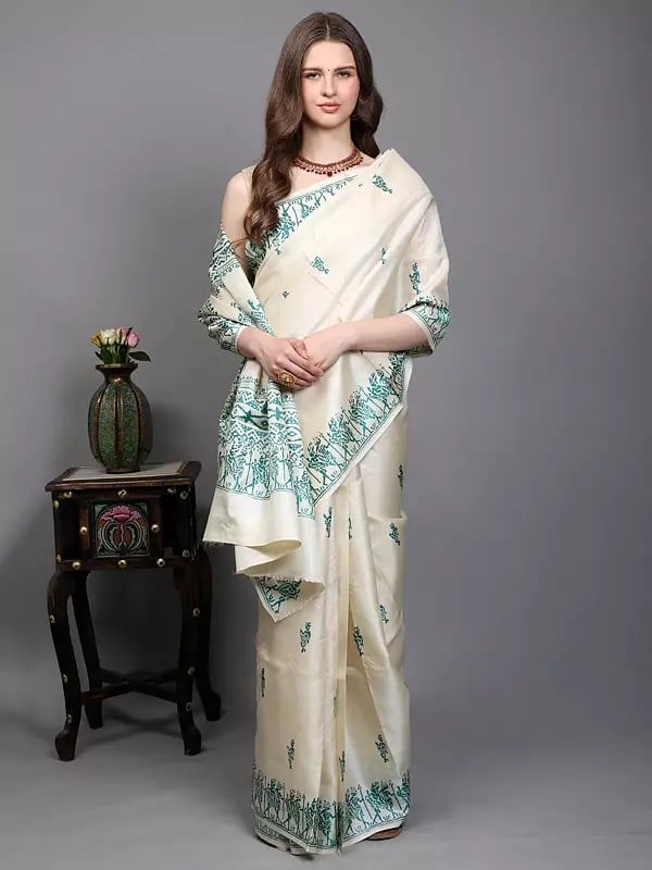 exotic india Kosa Tussar Silk Saree with Hand Block Printed Tribal Drummer Figures from Bengal 