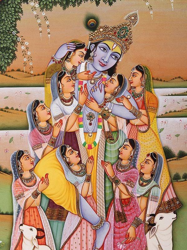 Exotic India Krishna As Lord Of Mind Controls Our Indriyas | Watercolor Painting With Embroidered Gold 