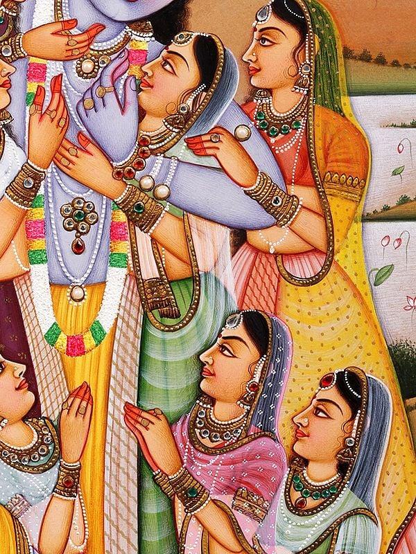 Exotic India Krishna As Lord Of Mind Controls Our Indriyas | Watercolor Painting With Embroidered Gold 