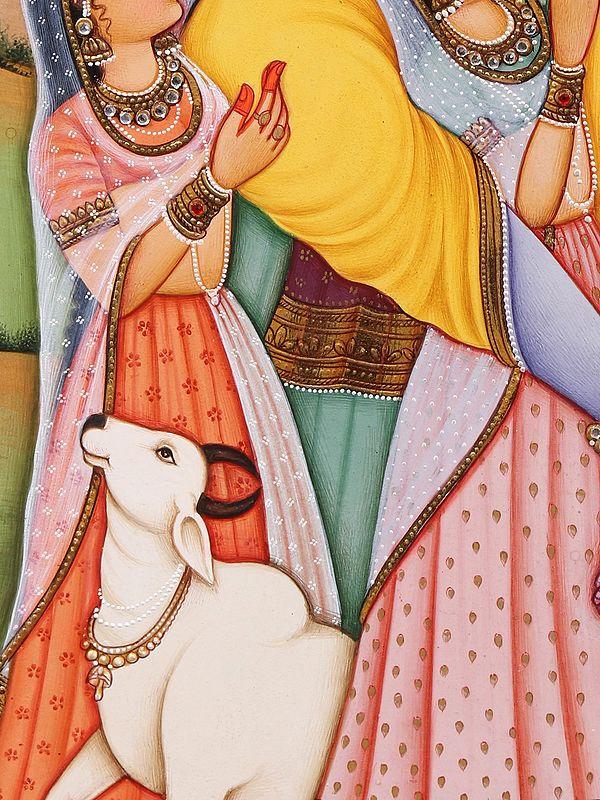Exotic India Krishna As Lord Of Mind Controls Our Indriyas | Watercolor Painting With Embroidered Gold 