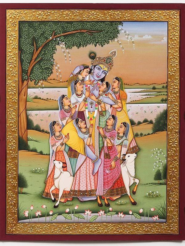 exotic india Krishna as Lord of Mind Controls Our Indriyas | Watercolor Painting with Embroidered Gold 