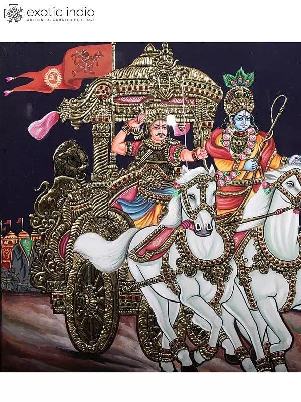 Exotic India Krishna Drives Arjuna's Chariot In The Mahabharata (Geeta Upadesha) | Framed Tanjore Painting