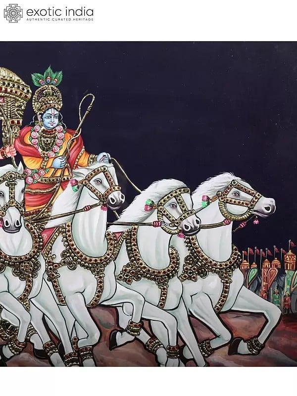 Exotic India Krishna Drives Arjuna's Chariot In The Mahabharata (Geeta Upadesha) | Framed Tanjore Painting