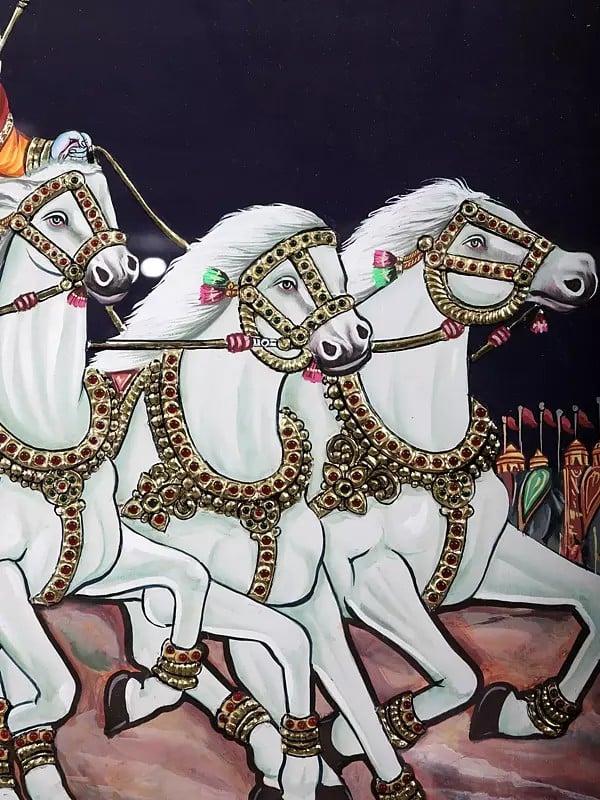 Exotic India Krishna Drives Arjuna's Chariot In The Mahabharata (Geeta Upadesha) | Framed Tanjore Painting