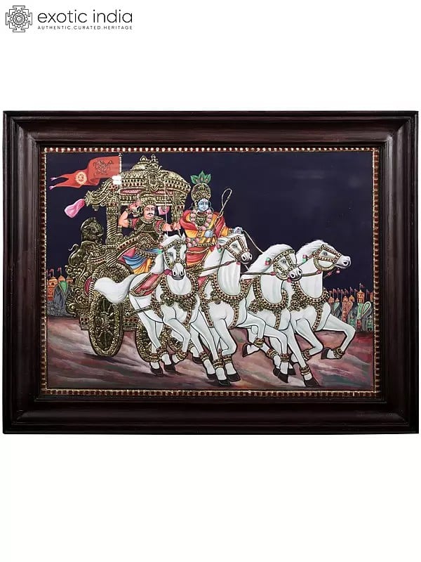 exotic india Krishna Drives Arjuna's Chariot in The Mahabharata (Geeta Upadesha) | Framed Tanjore Painting