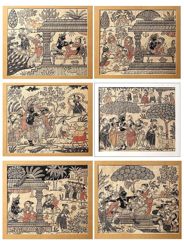 exotic india Krishna Painting of Six Seasons - Vasanta Grishma Varsha Sharad Hemanta Shishira | Superfine Patachitra Painting