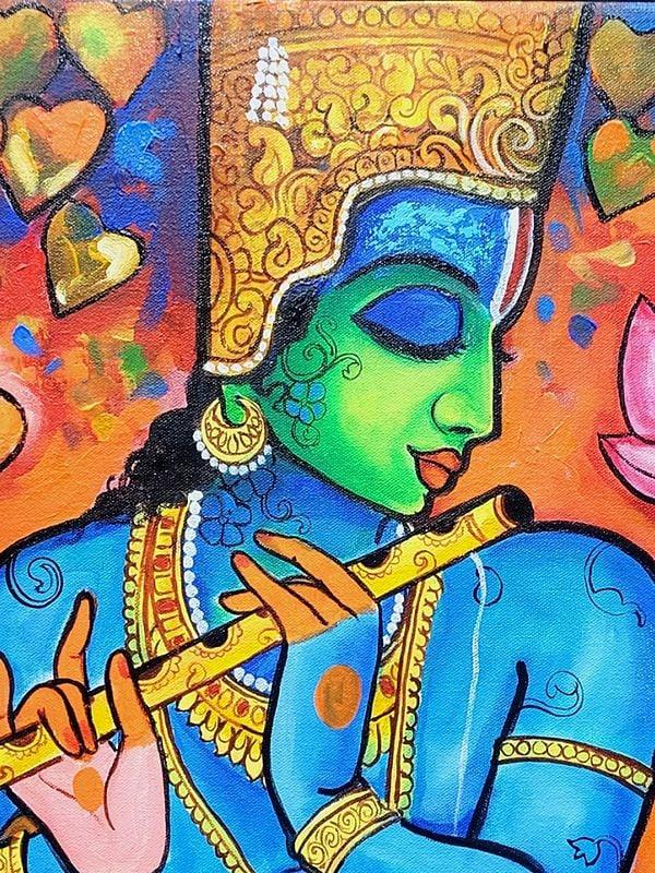 Exotic India Krishna Playing Flute | Acrylic On Canvas | By Arjun Das 