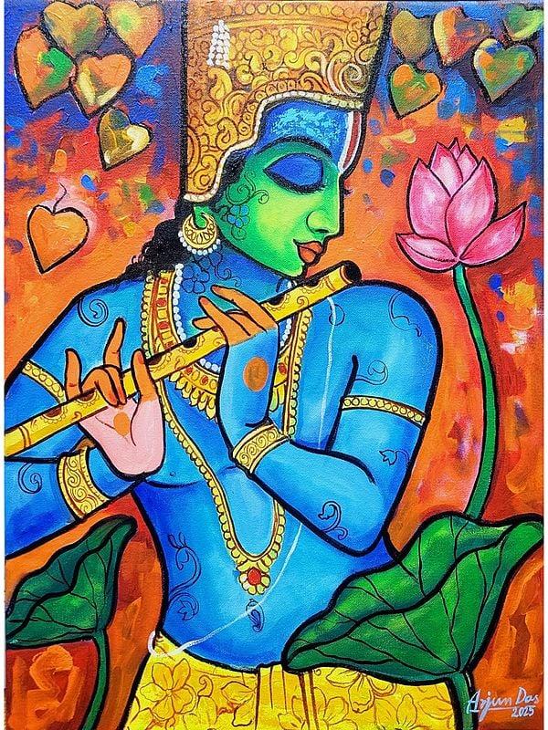 exotic india Krishna Playing Flute | Acrylic On Canvas | By Arjun Das 