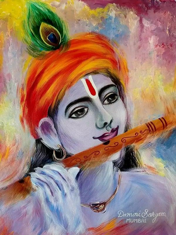 exotic india Krishna Playing Flute | Acrylic On Canvas | By Damini Sargam 