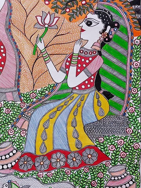 Exotic India Krishna Playing Flute With Radha Madhubani Painting | Acrylic On Canvas | By Lalita Ray 