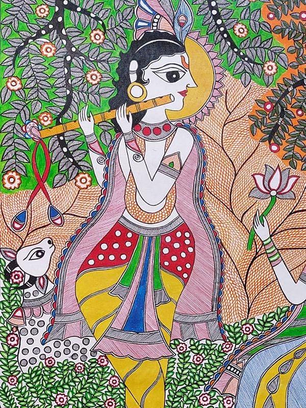 Exotic India Krishna Playing Flute With Radha Madhubani Painting | Acrylic On Canvas | By Lalita Ray 