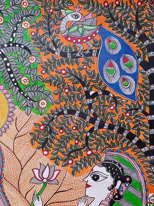 Exotic India Krishna Playing Flute With Radha Madhubani Painting | Acrylic On Canvas | By Lalita Ray 