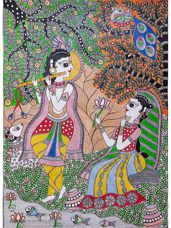 exotic india Krishna Playing Flute With Radha Madhubani Painting | Acrylic On Canvas | By Lalita Ray 