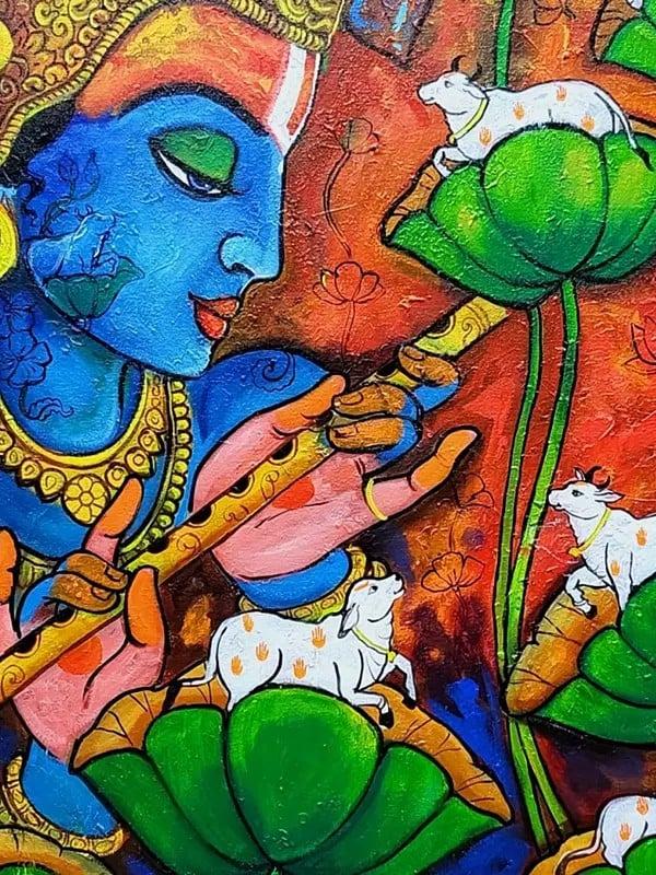 Exotic India Krishna’s Melody : Cow And Lotus | Acrylic On Canvas | By Arjun Das 