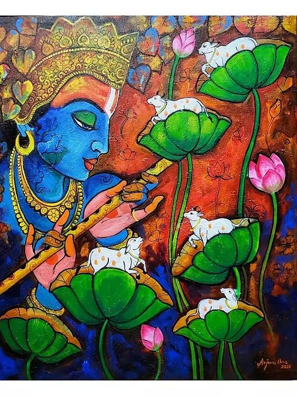 exotic india Krishna’s Melody : Cow And Lotus | Acrylic On Canvas | By Arjun Das 