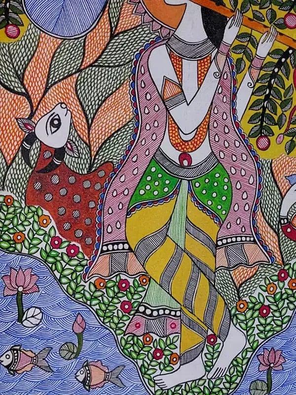 Exotic India Krishna’s Melody In The Forest Madhubani Painting | Acrylic On Canvas | By Lalita Ray 