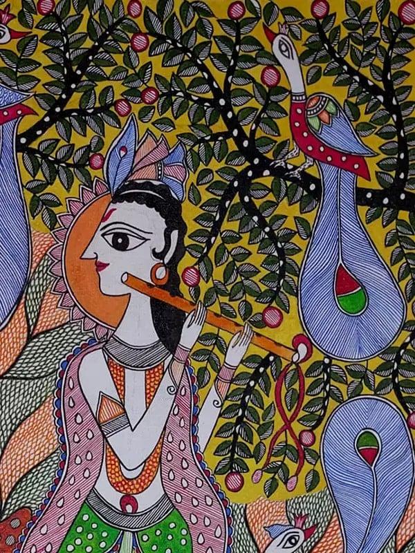 Exotic India Krishna’s Melody In The Forest Madhubani Painting | Acrylic On Canvas | By Lalita Ray 