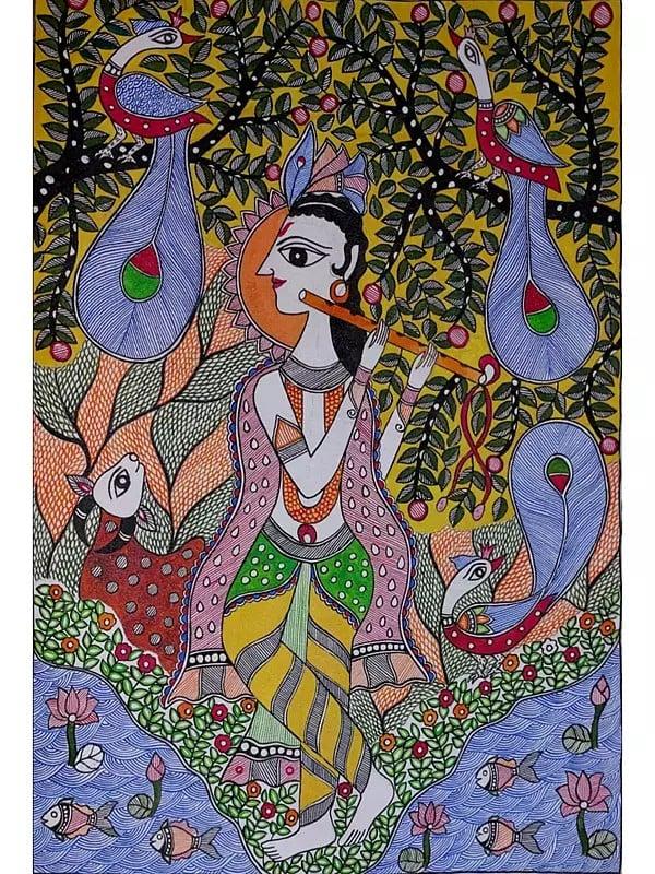 exotic india Krishna’s Melody In The Forest Madhubani Painting | Acrylic On Canvas | By Lalita Ray 
