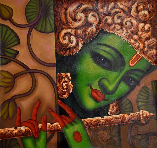 exotic india Krishna's Music : Pure as Lotus | Oil Painting on Canvas