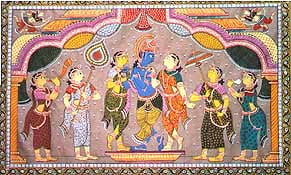 exotic india Krishna with his Female Friends - Orissa Patta Painting | Scroll Painting on Tussar Silk