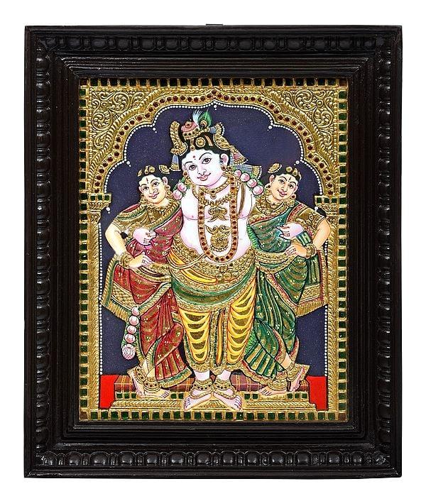 exotic india Krishna with his Queens Tanjore Painting | Traditional Colors With 24K Gold | Teakwood Frame | Gold & Wood | Handmade | Made In India 