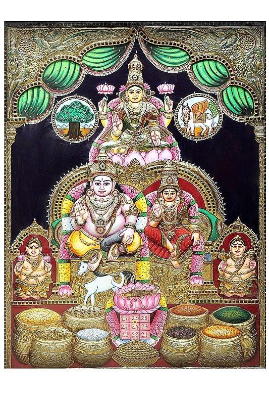 Exotic India Kubera And Lakshmi Tanjore Painting | Traditional Colors With 24K Gold | Teakwood Frame | Gold & Wood | Handmade | Made In India